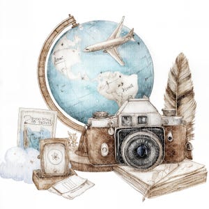 Puede incluir: Ilustración en acuarela con elementos temáticos de viaje. Una cámara vintage se encuentra frente a un globo terráqueo con un avión de papel, una pluma, un libro abierto y otros elementos relacionados con los viajes. El texto "SHOD KOO 20 TROUE" es visible.