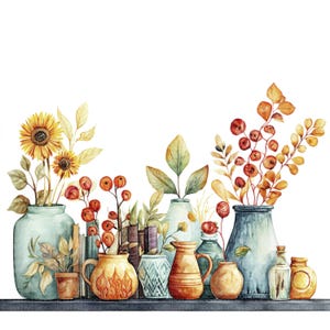 20 Watercolor Rustic Pottery Clipart | Cozy Ceramic Jars, Teapots & Autumn Florals Illustration JPG, Digital Download, Cards, Crafts,Journal