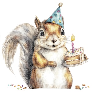 May include: Watercolor illustration of a cheerful squirrel wearing a party hat and holding a slice of birthday cake with a lit candle. The squirrel has brown fur, a fluffy tail, and is surrounded by colorful confetti.