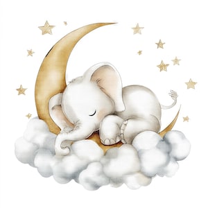 May include: Watercolor illustration of a sleeping baby elephant on a crescent moon, resting on a cloud. The elephant is white with light brown accents, surrounded by gold stars on a white background. A whimsical design.