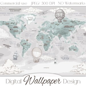 Puede incluir: Ilustración de un mapa del mundo detallado en tonos grises y turquesas, con dirigibles, aviones y globos aerostáticos vintage. El mapa incluye océanos, continentes y el texto "Digital Wallpaper Design."