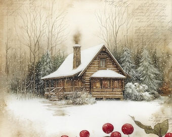 Winter Snow Cabin Clipart | 12 Cozy Christmas Cottages JPG | Rustic Holiday House Illustrations for Cards, Stickers, Sublimation & Crafts