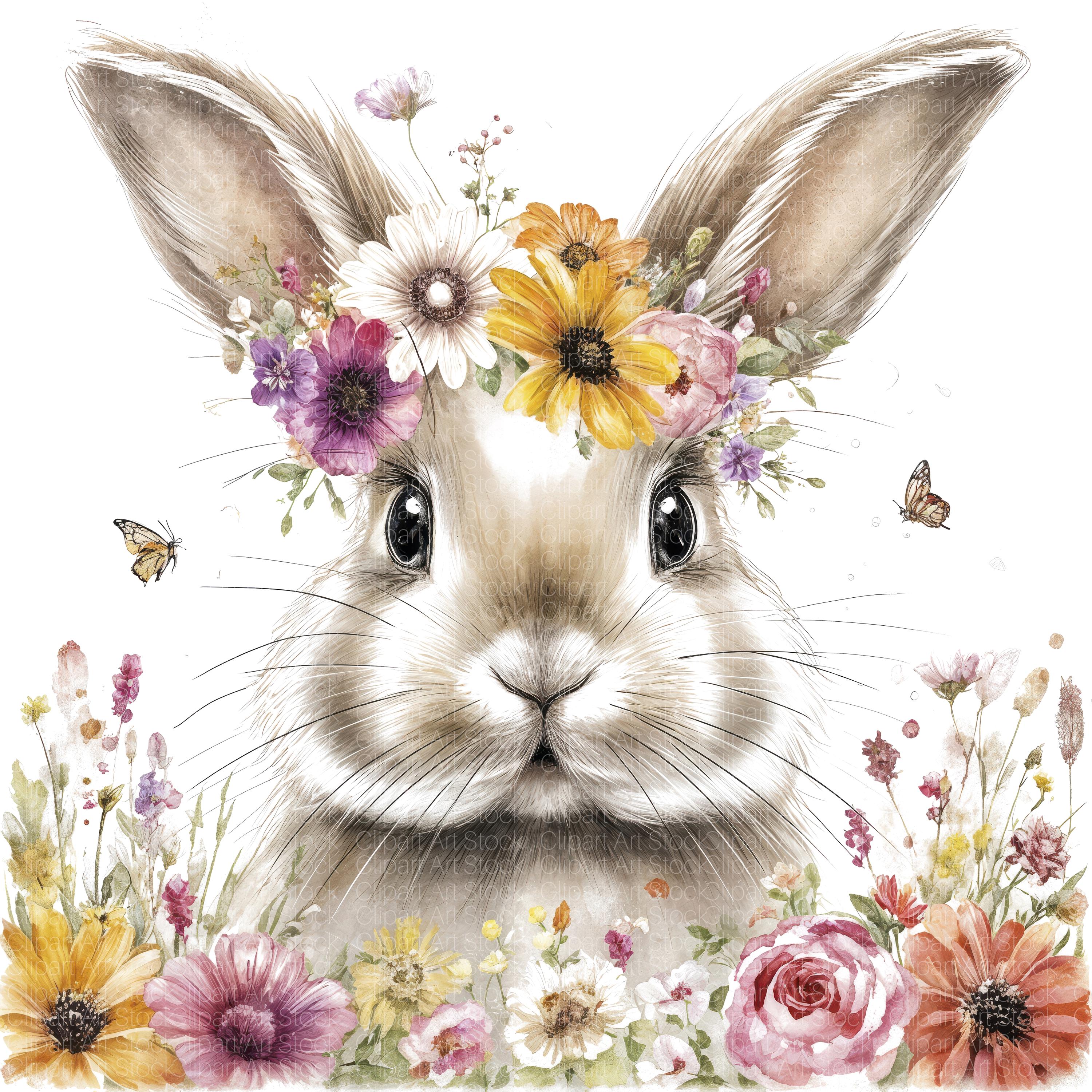 12 Watercolor Bunny Clipart | Floral Rabbit Portrait, Spring Easter ...