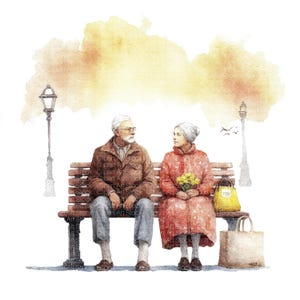 Puede incluir: Ilustración en acuarela de una pareja de ancianos sentados en un banco del parque. El hombre lleva una chaqueta marrón y gafas, la mujer un abrigo rojo y sostiene flores amarillas. Una bolsa amarilla y una bolsa de mano están a su lado.