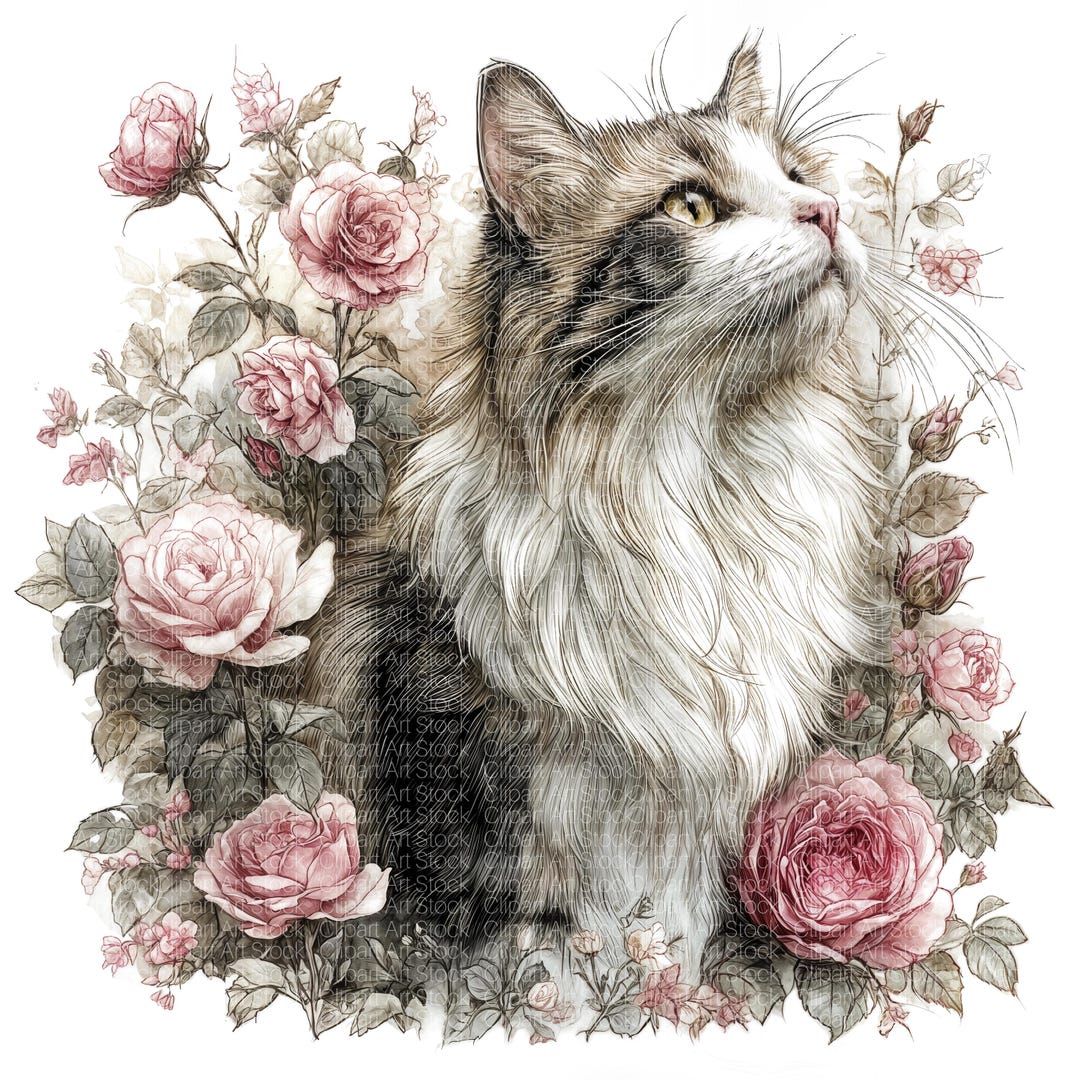 12 Floral Cat Clipart | Cat With Roses | Printable Illustration JPG ...