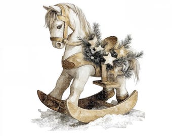 12 imágenes prediseñadas de caballos mecedores navideños / Caballos de juguete vintage de acuarela, decoración invernal / Descarga digital JPG imprimible para tarjetas, manualidades y revistas