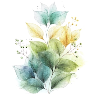 May include: A watercolour illustration of stylized leaves in shades of green, yellow, and teal. The leaves have delicate line details and are arranged in a graceful, botanical composition. Small, round yellow accents add detail.