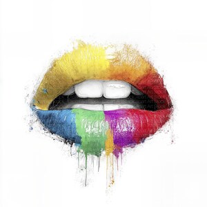May include: A vibrant digital artwork depicting a pair of lips in a rainbow of colours. The lips feature yellow, orange, red, purple, green, and blue shades. White teeth are visible, and paint drips from the lower lip, creating a striking effect.