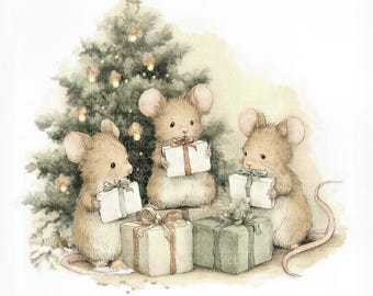12 clipart kerstmuizen | Aquarel wintermuizen met cadeaus en kerstboom | Afdrukbare digitale jpg-download voor kaarten, knutselwerkjes en tijdschriften