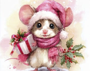 12 aquarel kerstmuis clipart JPG | Schattige wintermuizen met cadeaus en sjaals | Afdrukbare kunst voor kaarten, stickers en scrapbooking
