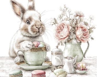 May include: A detailed illustration of a bunny holding a teacup filled with Easter eggs. A bouquet of pink roses sits in a green pitcher. Macarons in green and pink are on the table, along with a sugar bowl and teapot.