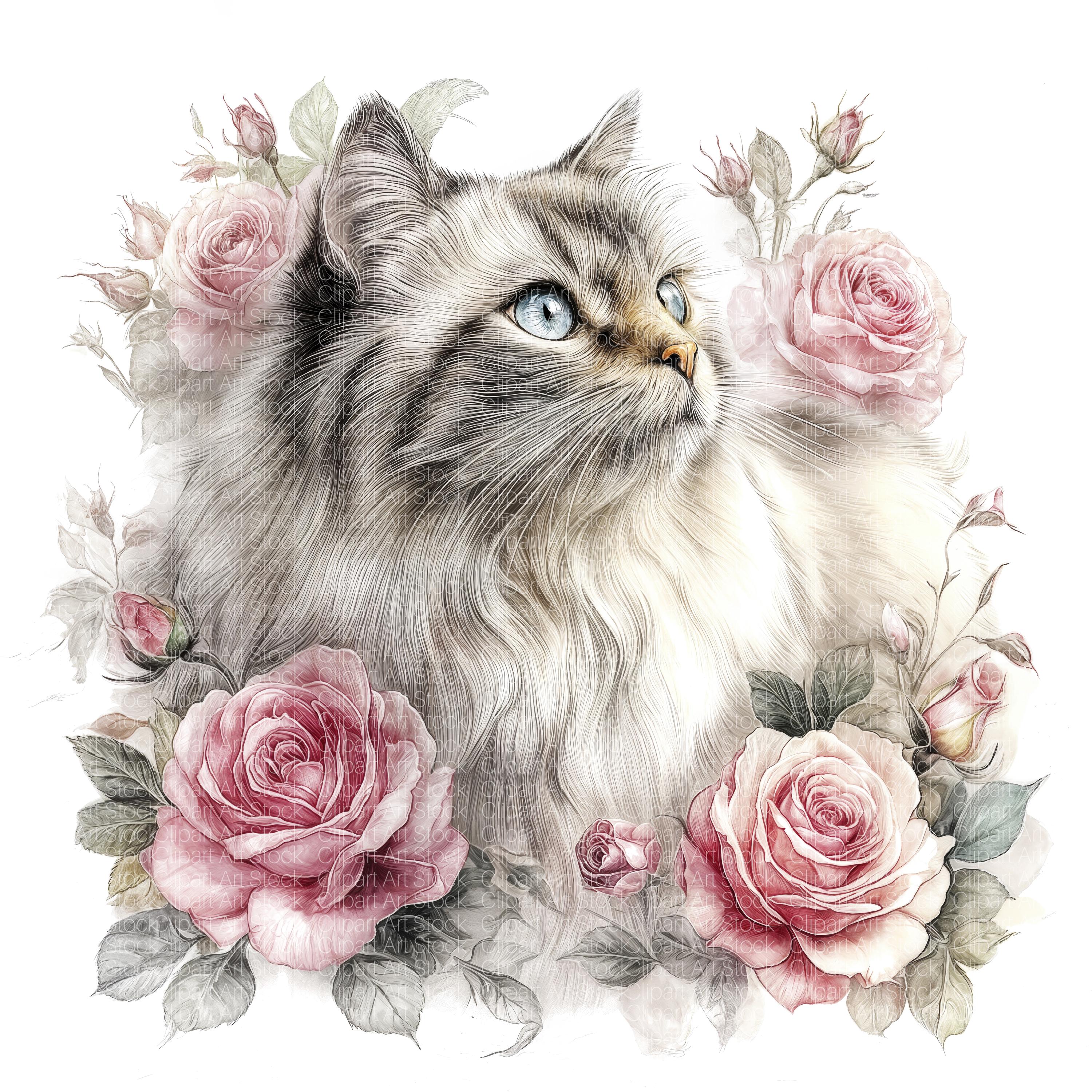 12 Floral Cat Clipart | Cat With Roses | Printable Illustration JPG ...