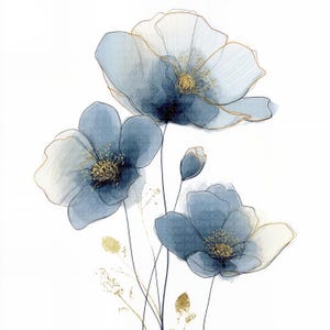 Op de afbeelding: Aquarel bloemenkunst print met drie blauwe en witte bloemen met gouden accenten. De bloemen hebben delicate bloemblaadjes en gedetailleerde centra. De kunstwerk is tegen een schone witte achtergrond.