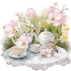 May include: Watercolor illustration of a tea party set on a white lace tablecloth. A teapot, teacups, and saucers are arranged with pink and white flowers, a small bird, and a blue linen napkin. The tea set has a floral design.