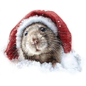 May include: A watercolor illustration of a brown rodent wearing a red Santa hat with white trim. The rodent is nestled in a snowy scene, with its eyes wide and whiskers visible. The image has the text "Stock Clipart Art Stock" in the background.