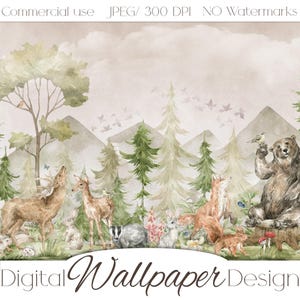 Puede incluir: Diseño de papel pintado digital en acuarela que representa una escena de bosque con ciervos, zorros, osos y otras criaturas del bosque. La obra de arte incluye árboles, montañas y el texto "Digital Wallpaper Design". La paleta de colores es suave con verdes apagados, marrones y beige.