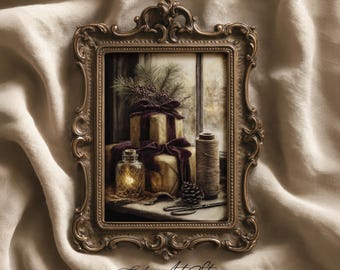 May include: A framed print featuring a still life with wrapped gifts, a lit glass jar, and a spool of thread. The gifts are tied with burgundy ribbons and adorned with pine branches. The frame is ornate with a gold finish. The print is set against a neutral fabric.