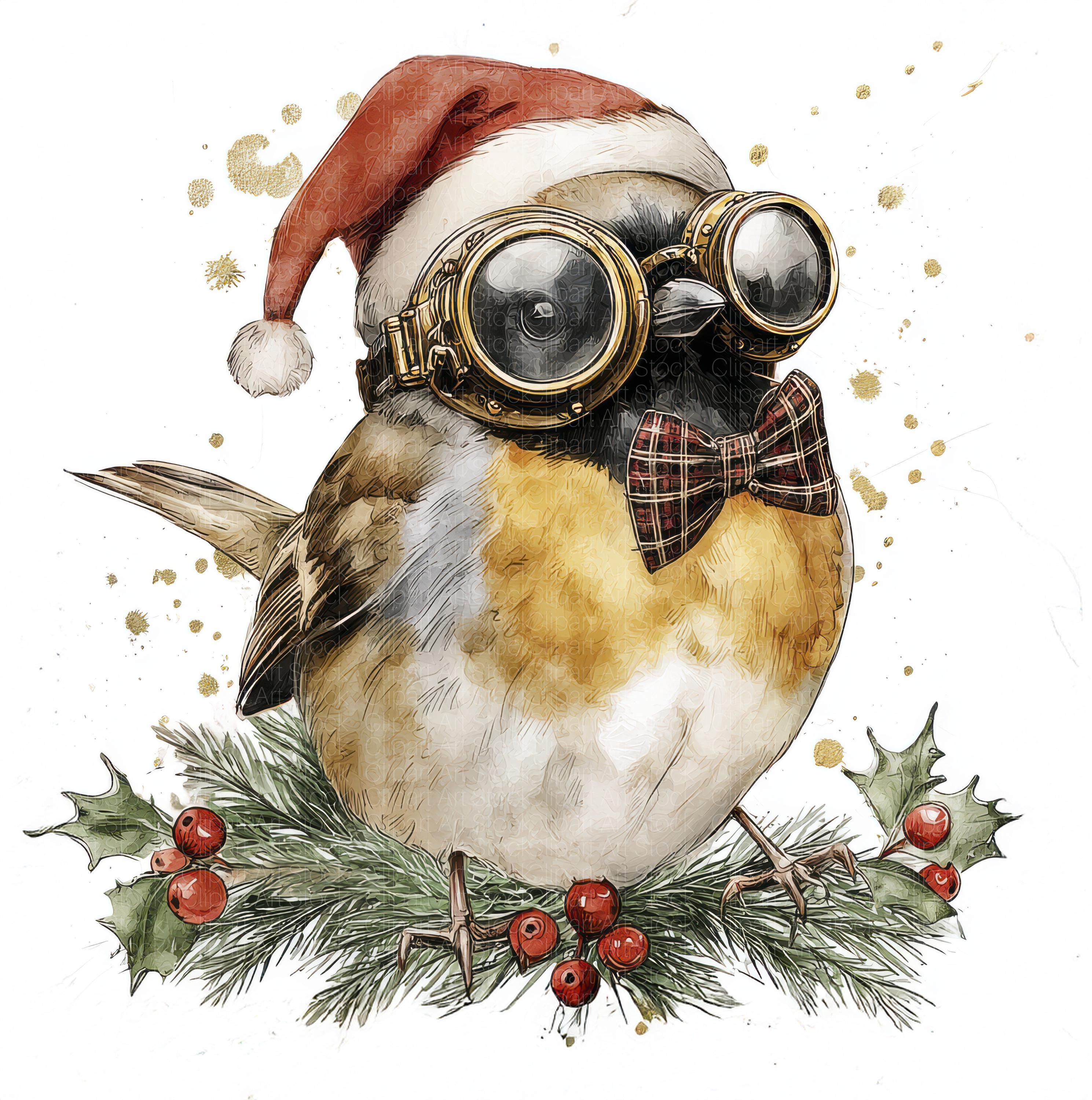 Christmas Bird Clipart, Watercolor Winter Birds With Goggles & Santa ...