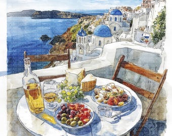 サントリーニ島オリジナル水彩画ギリシャアート旅行スケッチby