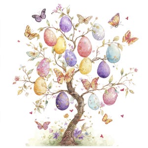 Pode incluir: Ilustração em aquarela de uma árvore de Páscoa com ovos coloridos e borboletas. Os ovos são em tons de rosa, amarelo, roxo e azul, com padrões delicados. Borboletas de várias cores voam ao redor dos galhos, criando uma cena fantasiosa.