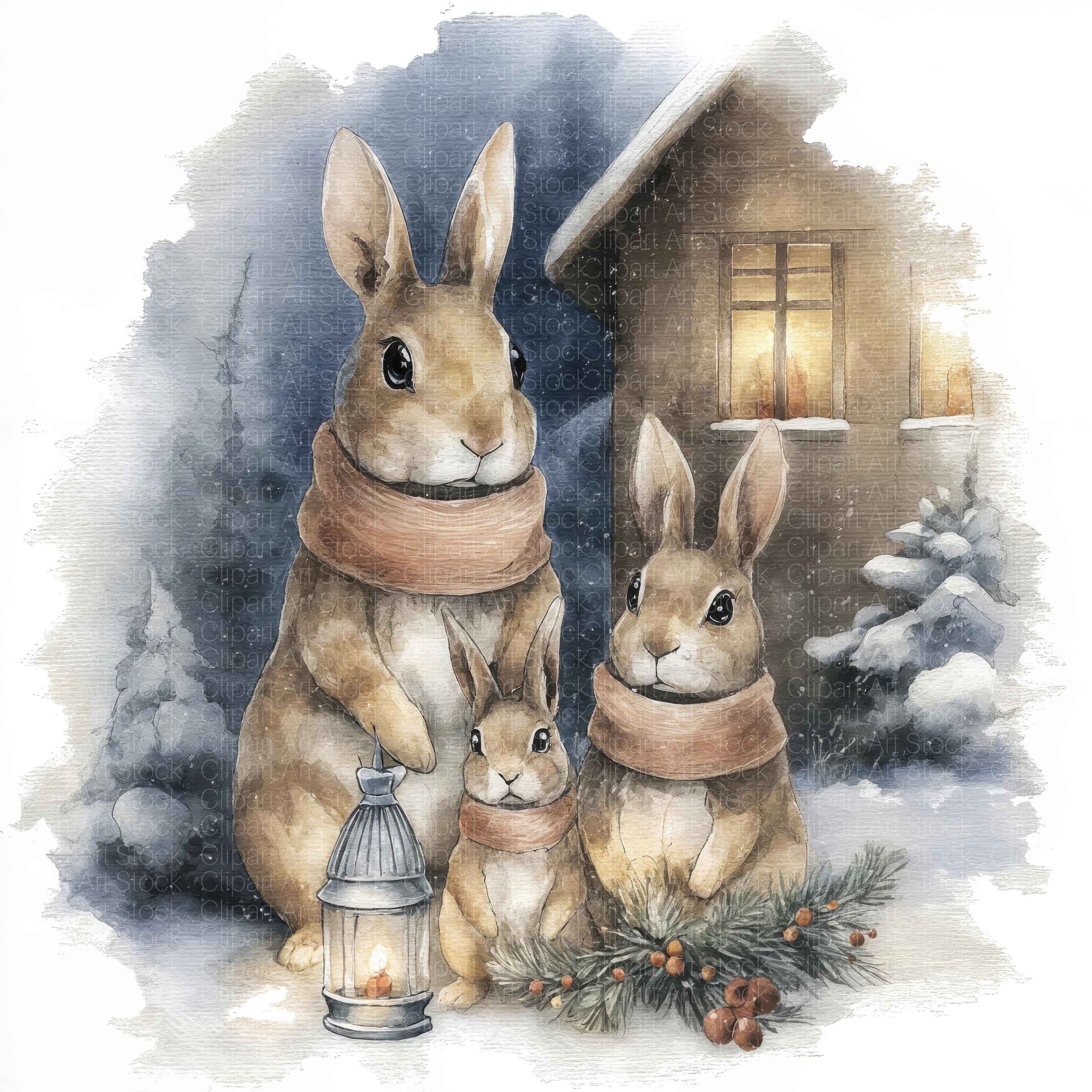 Watercoller Winter Rabbit 13 Christmas Bunny Clipart | Watercolor Winter Rabbits With Lanterns ...