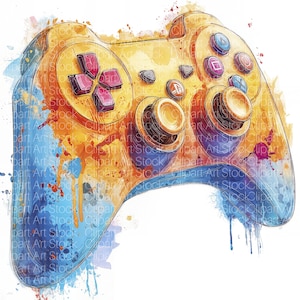 May include: Watercolor-style illustration of a video game controller. The controller features a yellow body with pink, blue, and orange accents. The buttons are various colors, and the design has a splattered paint effect, giving it an artistic look.