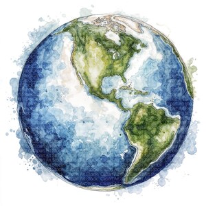 Peut inclure: Une illustration à l'aquarelle de la planète Terre, présentant des nuances de bleu profond pour les océans et des tons variés de vert et de beige pour les continents d'Amérique du Nord et du Sud. Le design a un effet de bordure éclaboussée.