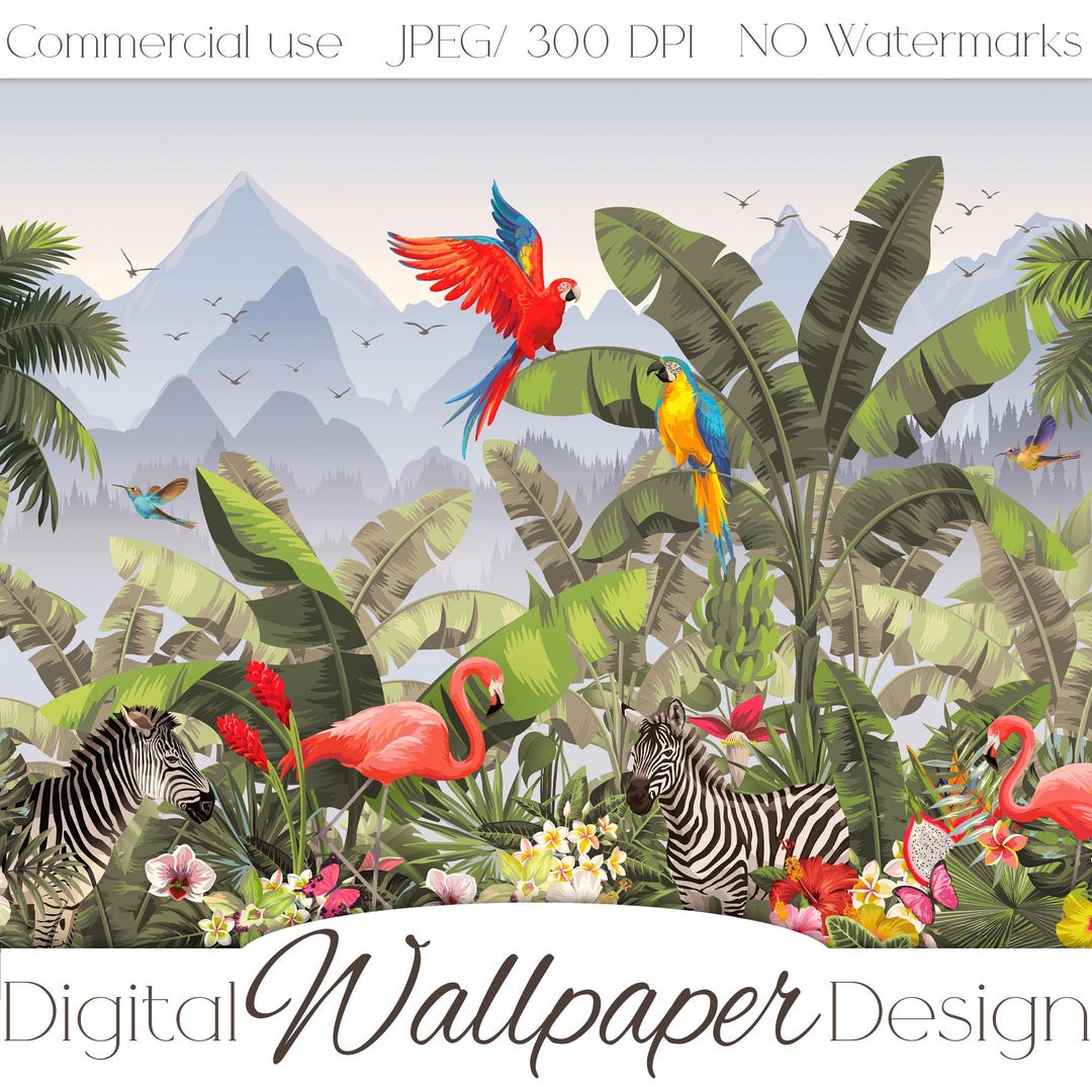 Tropical Jungle Wallpaper Mural – Exotic Parrots, Flamingos, Zebras ...
