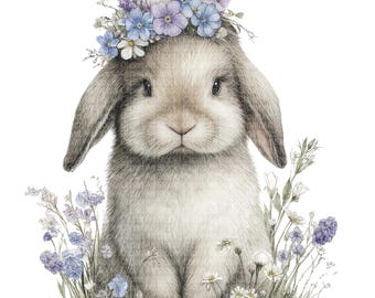 May include: A watercolor illustration of a bunny wearing a floral crown of blue and purple flowers. The bunny is light brown with long ears and is surrounded by wildflowers and grass. The image has a soft, whimsical feel.
