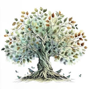 May include: A watercolour illustration of a large tree with a thick, twisted trunk and branches filled with green, brown, and yellow leaves. Several small birds and butterflies are scattered around the base of the tree.