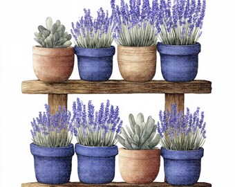 May include: Watercolor illustration of a wooden shelf displaying potted plants. The shelf holds lavender plants in blue pots and succulents in terracotta pots. The lavender has purple flowers and green stems.