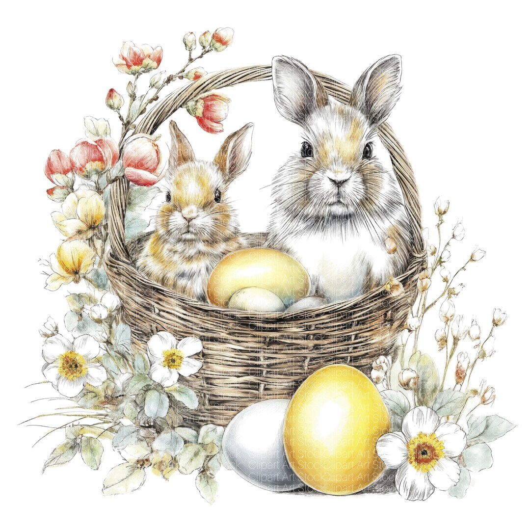 15 Easter Bunny Clipart | Egg Baskets | Easter Printable Illustration ...
