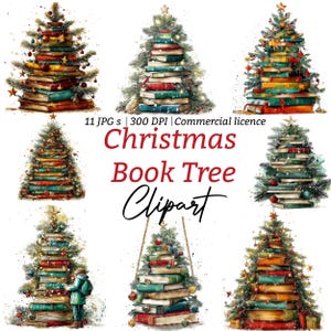 May include: A collection of watercolor illustrations featuring Christmas trees constructed from stacks of books. The trees are adorned with ornaments and topped with stars. The text "Christmas Book Tree Clipart" is displayed in red and black.
