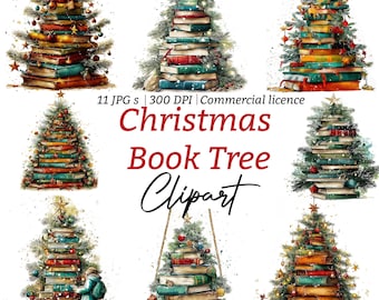 Christmas Book Tree Clipart Set | Watercolor Stacked Books Christmas Tree JPG | Holiday Reading Decor for Cards, Scrapbook, Stickers, Crafts