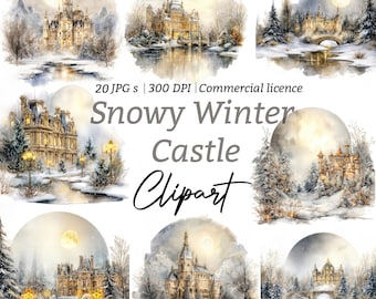 Winter Castle Clipart | Magical Snowy Fairytale Castles Watercolor JPG | Christmas Fantasy Landscape Art for Cards, Scrapbook, Sublimation