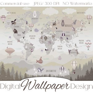 May include: A detailed world map illustration featuring animal drawings and hot air balloons. The map uses a neutral colour palette with text labels for continents and oceans. The words "Digital Wallpaper Design" are at the bottom.