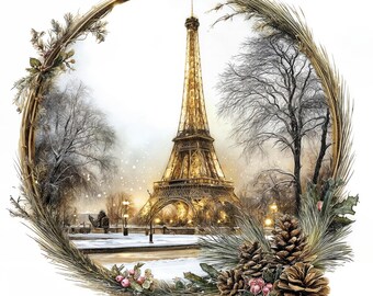 May include: A digital illustration of the Eiffel Tower in Paris, France, during winter. The tower is illuminated against a snowy backdrop, framed by a gold wreath with pinecones, berries, and evergreen branches. The artwork evokes a festive, holiday theme.