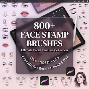 Könnte beinhalten: Eine digitale Sammlung von über 800 Gesichts-Stempelpinseln für Procreate, die verschiedene Gesichtszüge wie Augen, Nasen, Lippen, Ohren und Ausdrücke enthält. Die Anzeige zeigt zahlreiche detaillierte Skizzen von Gesichtsteilen.