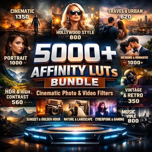May include: A promotional image for an Affinity LUTS bundle, featuring various photo and video filters. The image includes text such as "5000+ Affinity LUTS Bundle" and categories like "Cinematic," "Hollywood Style," and "Wedding & Romantic."
