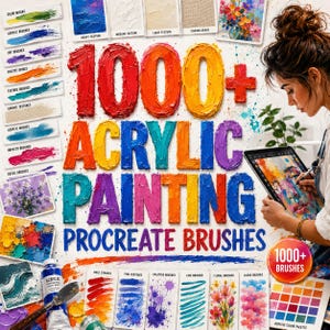 1000+ Acrylic Painting Procreate Brushes | Realistic Acrylic Paint Brush | Impasto, Palette Knife, Canvas Texture, Dry Brush,Wash Effects