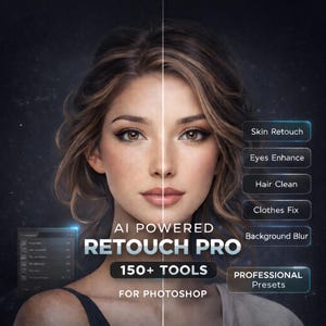 May include: Image showcasing the "AI Powered Retouch Pro" software for Photoshop. The image is split, showing a woman's face before and after editing. Features include skin retouching, eye enhancement, and hair cleaning.