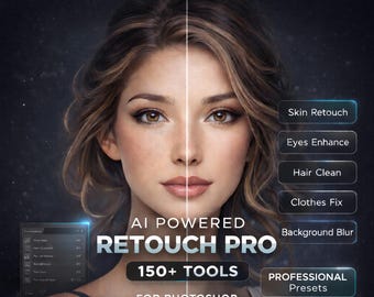 Retouch Pro Mega Bundle per Adobe Photoshop / Pannello di ritocco AI per pelle, occhi, capelli e vestiti / 150 funzioni, preimpostazioni, sovrapposizioni, sfocatura dello sfondo