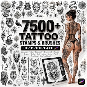 May include: A digital collection of 7500+ tattoo stamps and brushes for Procreate, featuring black and white illustrations of dragons, skulls, flowers, and animals, alongside a tablet displaying a dragon and skull design with a stylus.