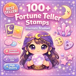 Puede incluir: Gráfico de arte digital con temática de adivinación. La imagen presenta una caricatura de adivina sosteniendo una bola de cristal, rodeada de cartas del tarot, cristales y estrellas. El texto incluye "100+ Fortune Teller Stamps" y "Procreate Brushset."