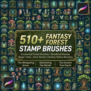 Könnte beinhalten: Eine digitale Sammlung von 510+ Fantasy-Wald-Stempelpinseln für Procreate, mit einem dunklen Hintergrund voller kleiner Illustrationen von Bäumen, Pilzen, leuchtenden Portalen, Steinen und Feen, mit dem Text 510+ FANTASY FOREST STAMP BRUSHES.