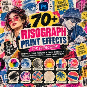 May include: A digital graphic design resource titled 70+ Risograph Print Effects for Photoshop. The image features a collage of stylized portraits, text, and twelve circular icons showcasing various print textures, grain overlays, and halftone effects.