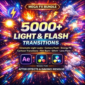 Paquete con más de 5000 transiciones de luz y flash / After Effects, DaVinci Resolve, fugas de luz cinematográficas, flash de cámara, efectos de energía, quemado de película, fallos