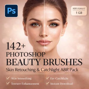 Puede incluir: Imagen promocional de pinceles de belleza para Photoshop. La imagen presenta el rostro de una mujer, dividido para mostrar el antes y el después del retoque de la piel. El texto incluye "142+ Photoshop Beauty Brushes" y "Skin Retouching & Catchlight ABR Pack."