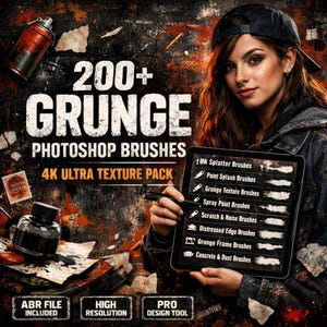 Pode incluir: Imagem de uma mulher segurando um tablet com "200+ GRUNGE PHOTOSHOP BRUSHES 4K ULTRA TEXTURE PACK". O tablet mostra tipos de pincéis como "Ink Splatter" e "Spray Paint". O fundo tem texturas grunge e uma lata de spray.