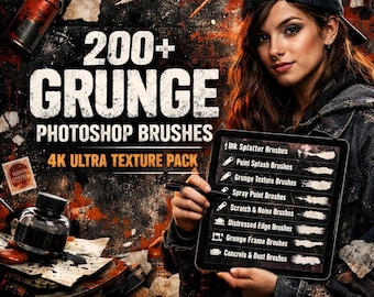 200+ Distressed Photoshop Brushes | Grunge Pinsel Urban Texture, Sprühfarbe, Tintenspritzer und raue Kanten | Hochauflösende ABR Pinsel